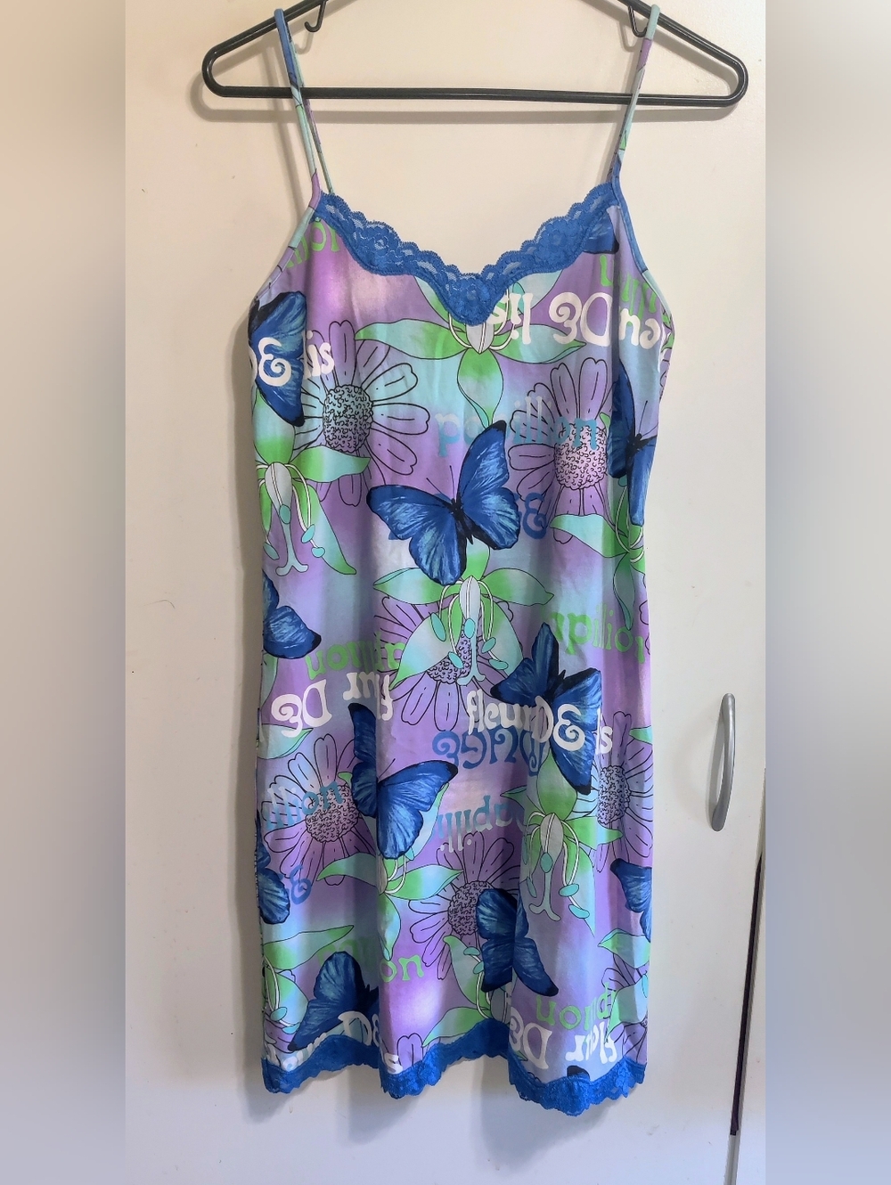 NWOT Secret Treasures Slip Nightgown with Straps And Blue Lace Detail.